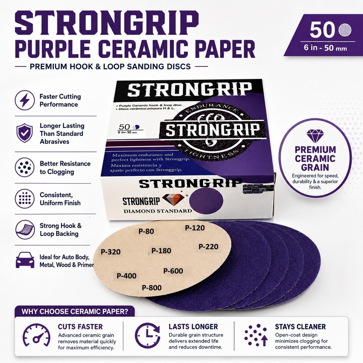 Ceramic STRONGRIP 6" H&L – P80, P120, P180, P220, P320, P400, P600, P800