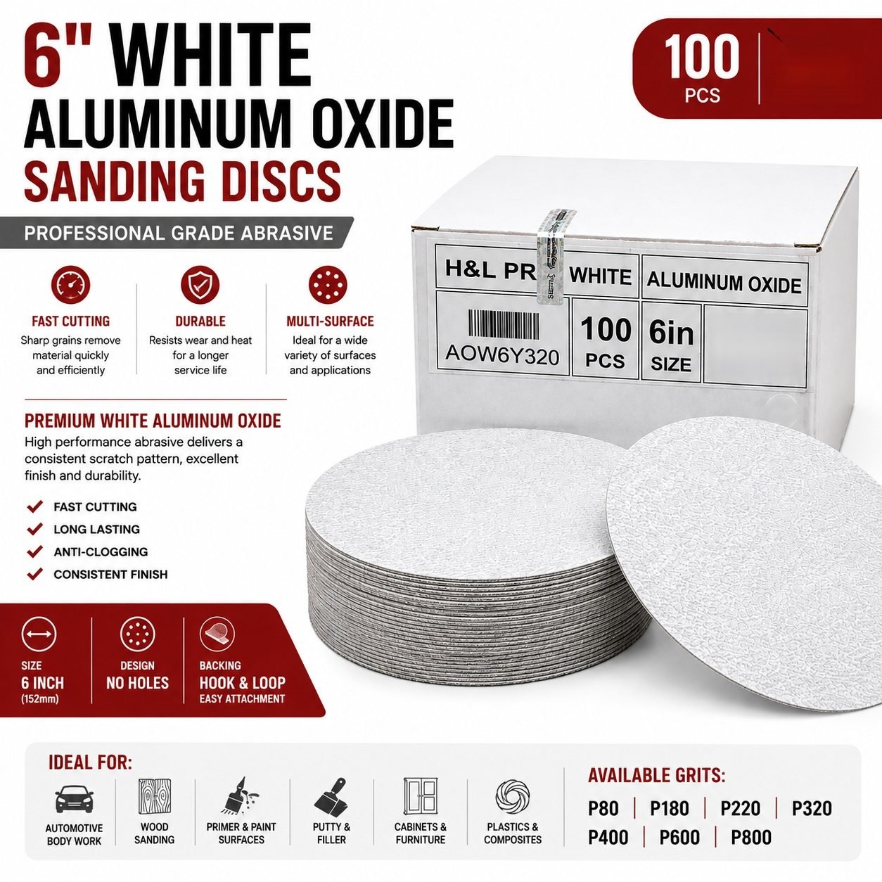 6 Inch Aluminum Oxide Sanding Discs H & L 100 Pack Sandpaper